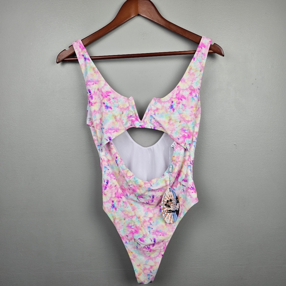 Bingo Surf V Front One Piece Cut-out Swimsuit Pink Tie-dye Womens Size L Beach